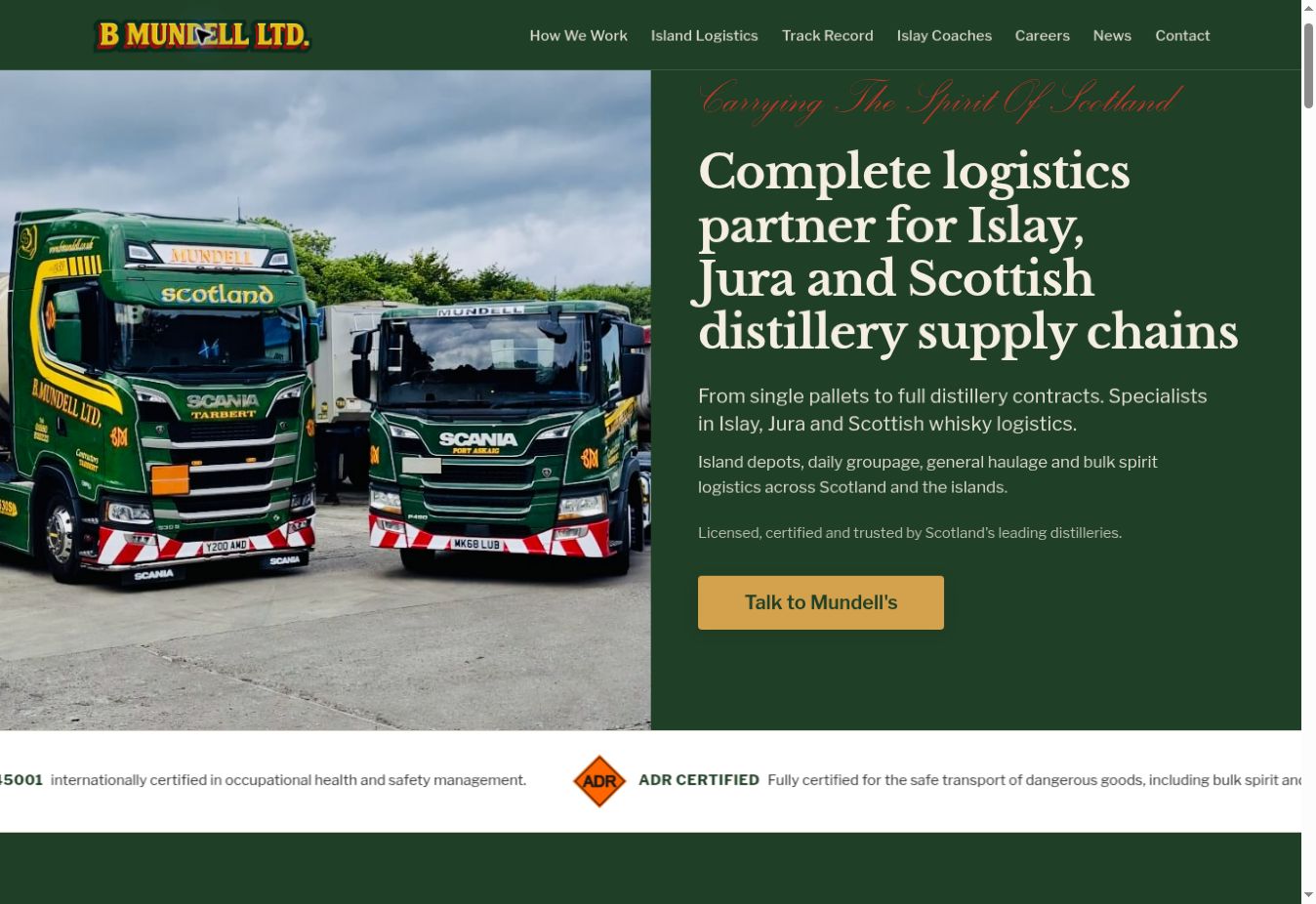 The real B Mundell homepage, with its green logistics headline and transport photography.
