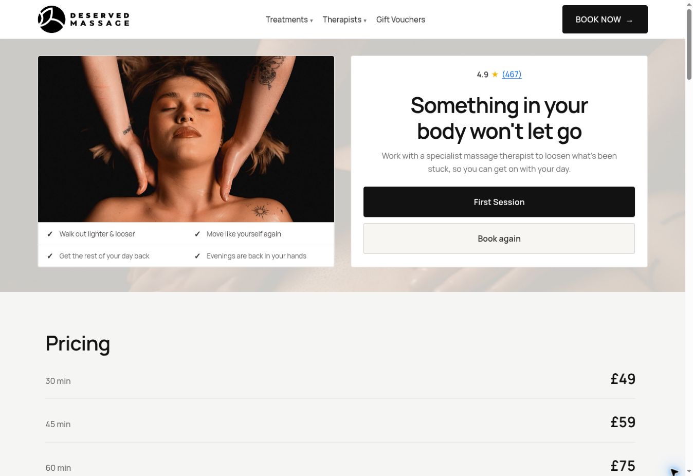 The real Deserved Massage homepage, with treatment photography and booking actions.