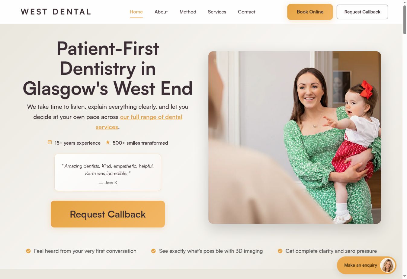 The real West Dental homepage, introducing dental care with a callback action.